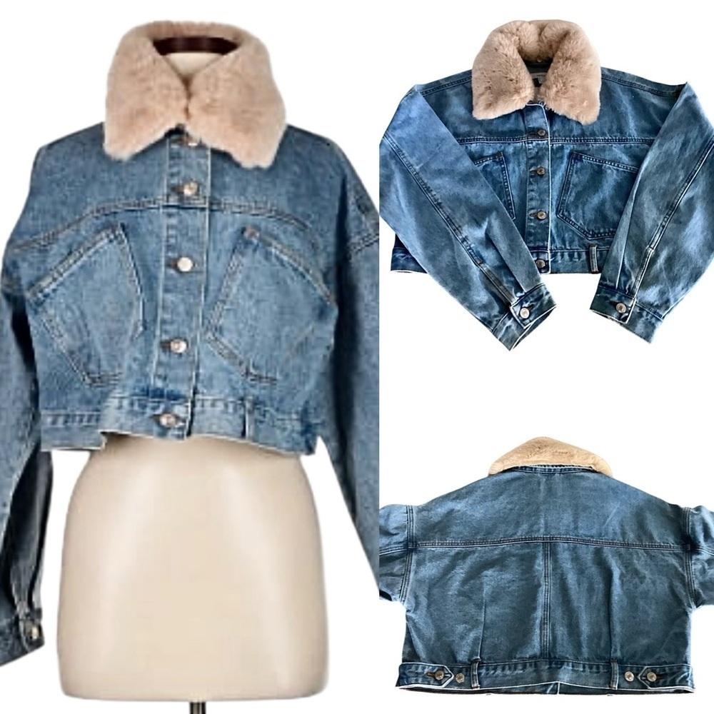 Forever 21 Blue Denim Jacket Cream Faux Fur Collar Cropped Women’s Size L New!